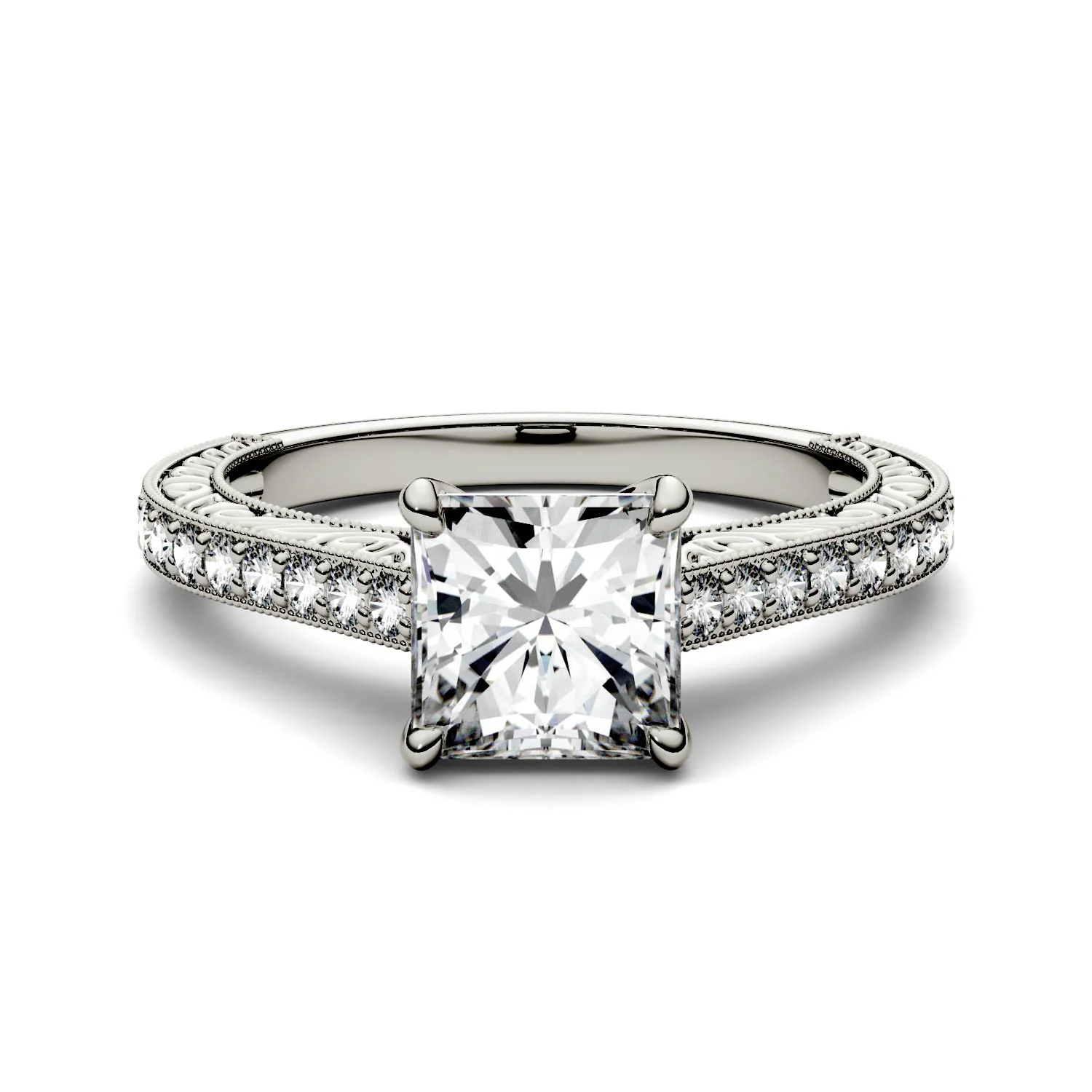1.94 CTW DEW Square Moissanite Side-Stone Trellis Engagement Ring in 14K White Gold - Image 4