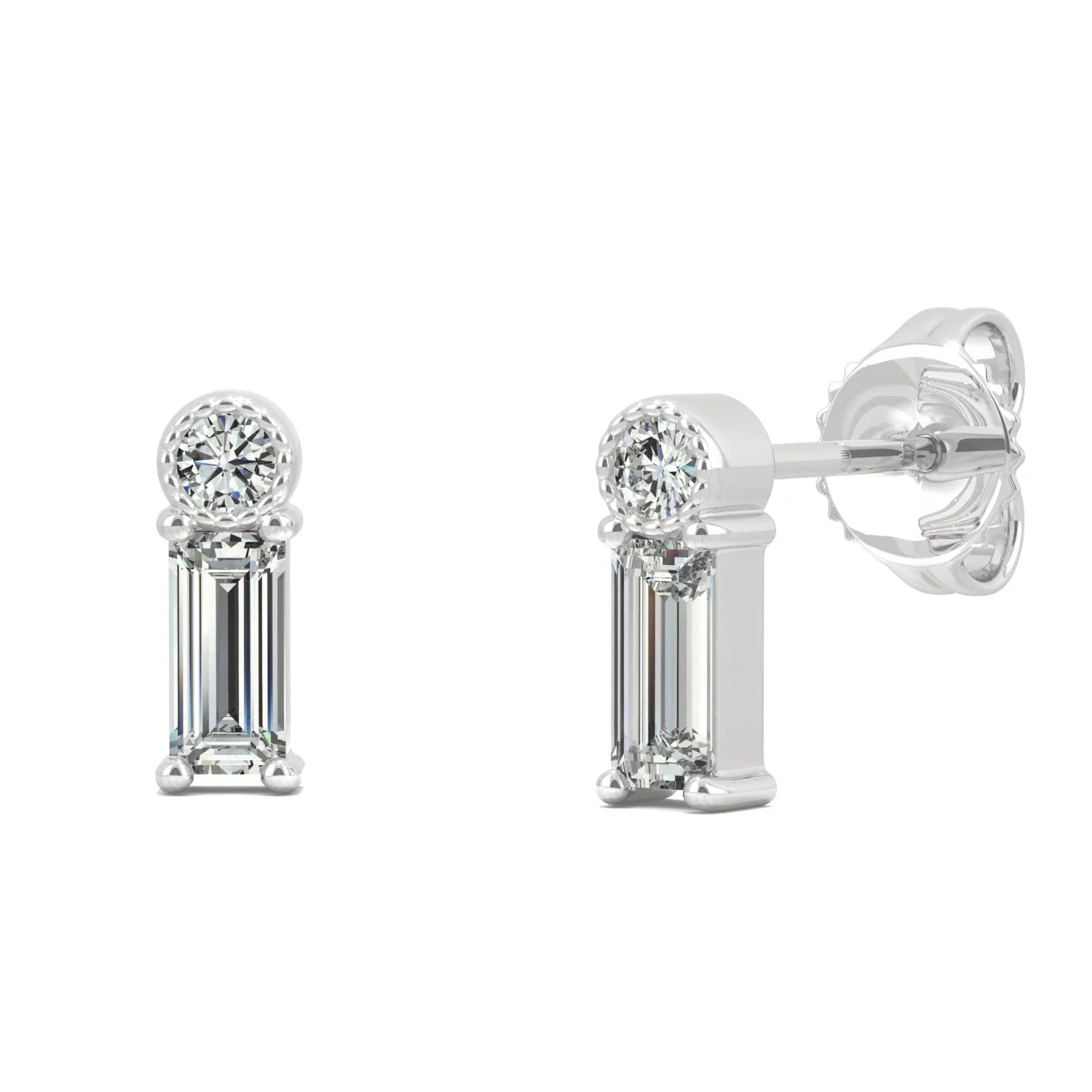 0.29 CTW DEW Round and Baguette Moissanite Stud Drop Earrings in 10K White Gold