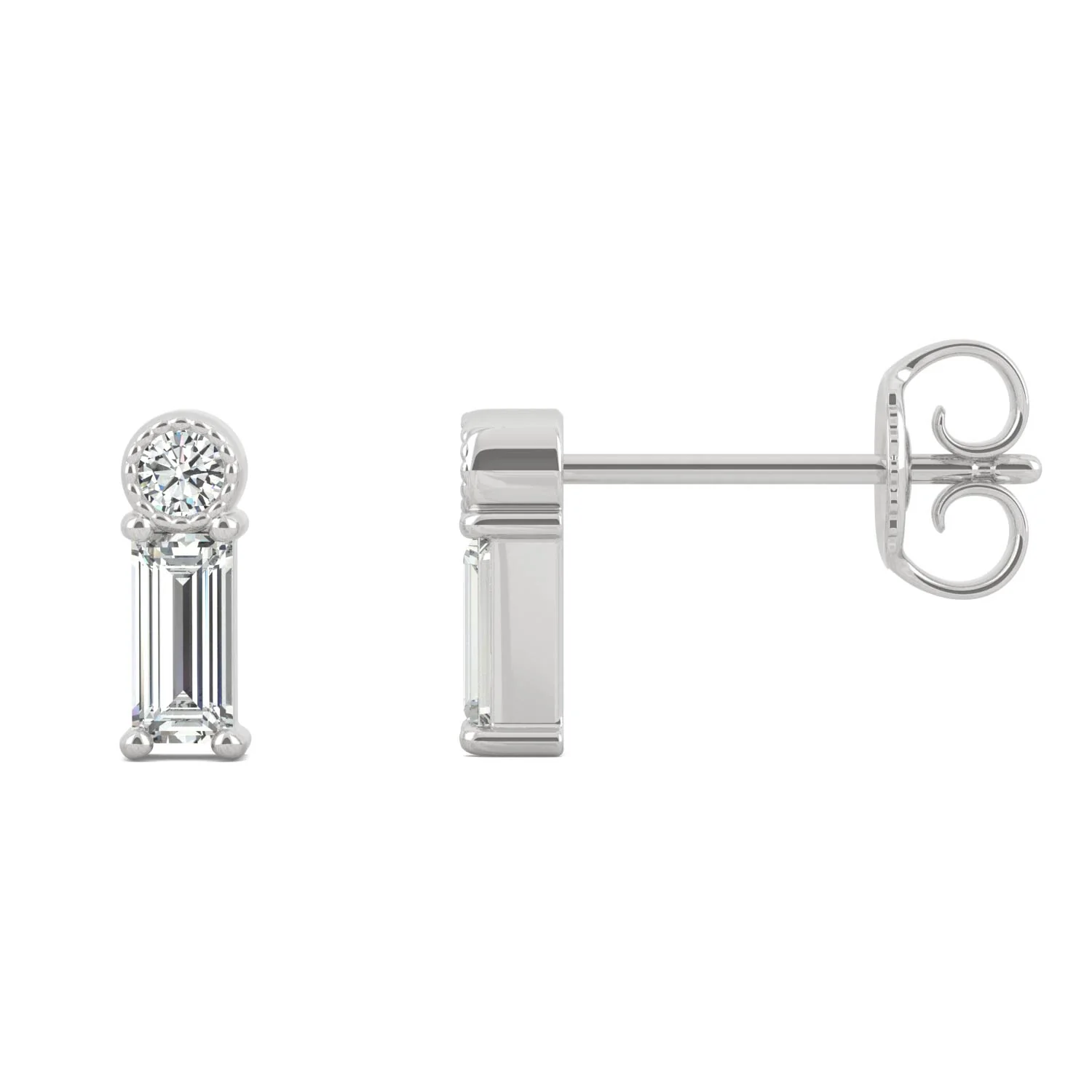 0.29 CTW DEW Round and Baguette Moissanite Stud Drop Earrings in 10K White Gold - Image 2