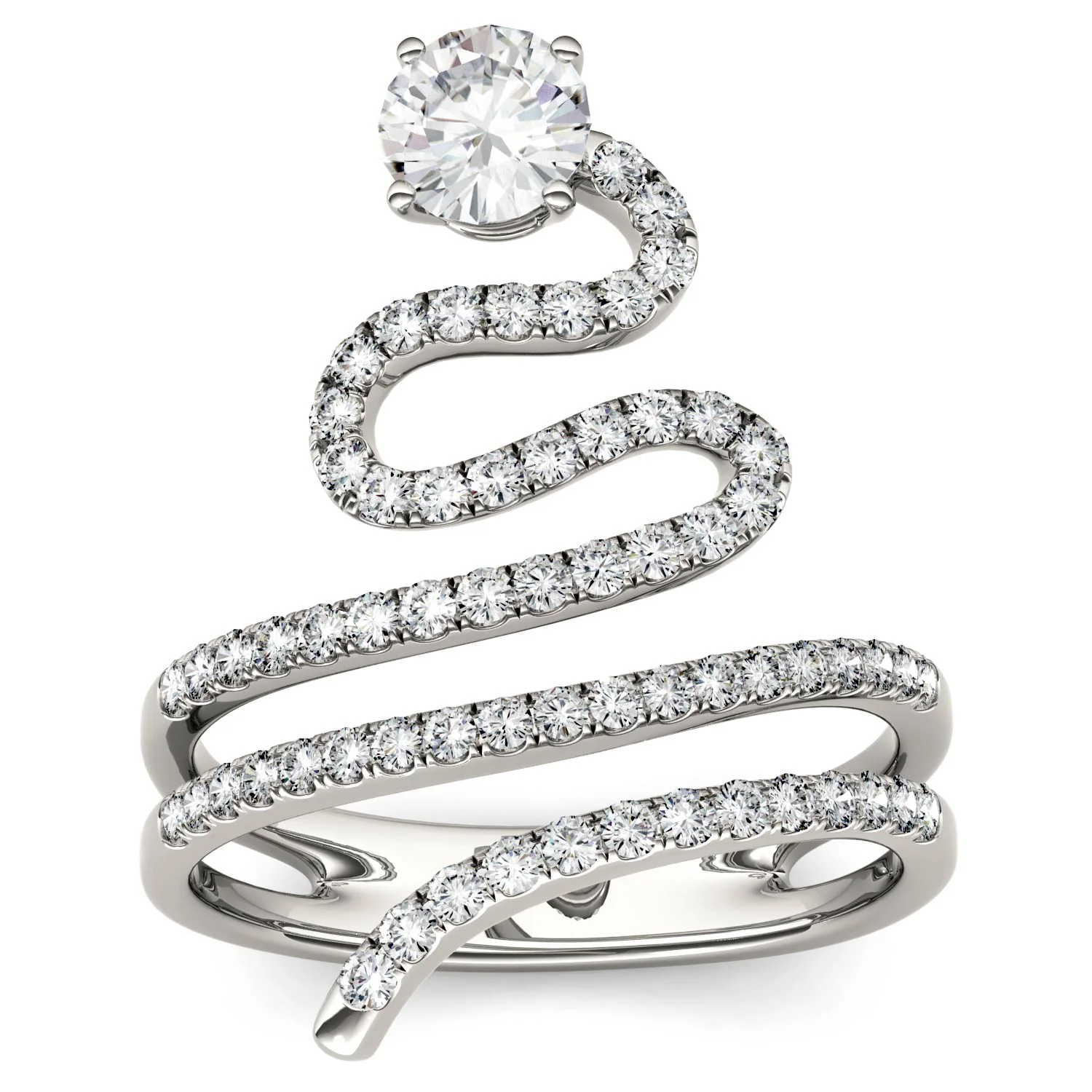 1.14 CTW DEW Round Moissanite Swirl Statement Ring in 14K White Gold
