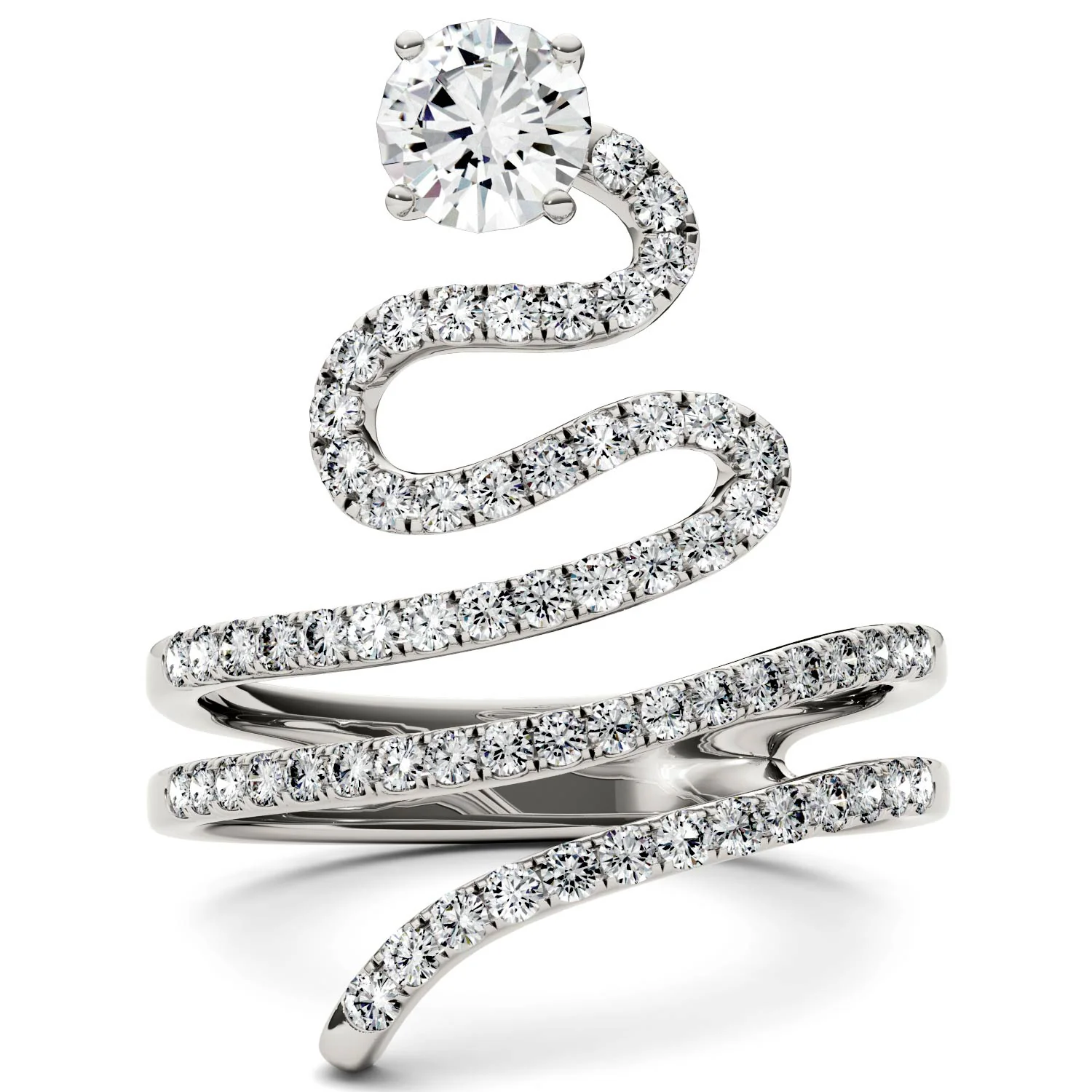 1.14 CTW DEW Round Moissanite Swirl Statement Ring in 14K White Gold - Image 2