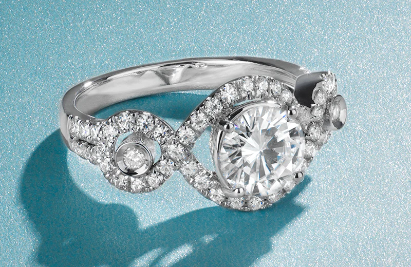 1.76 CTW DEW Round Moissanite Halo Twist Engagement Ring in 14K White Gold - Image 3