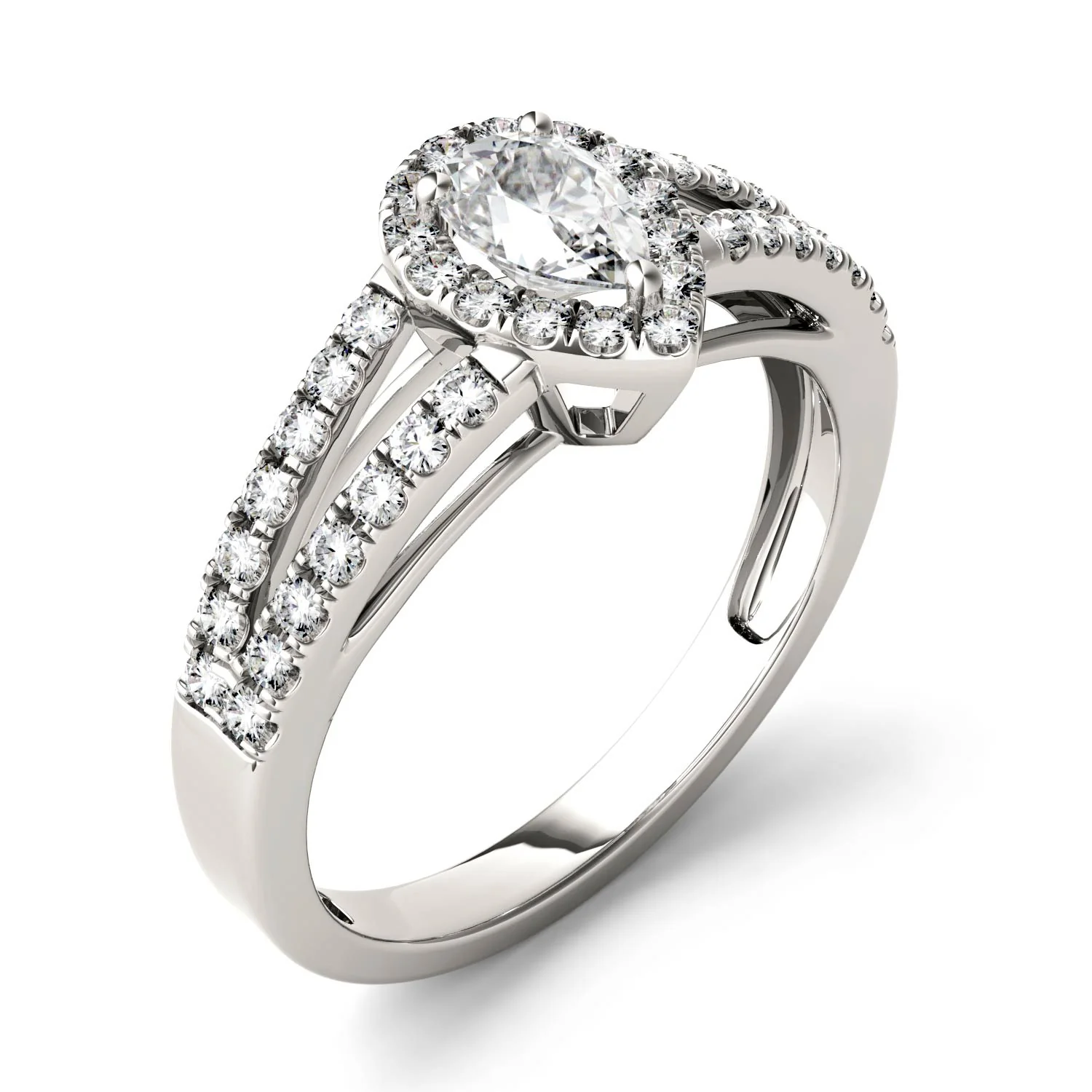 0.96 CTW DEW Pear Moissanite Side-Stone Split-Shank Halo Engagement Ring in 14K White Gold - Image 3