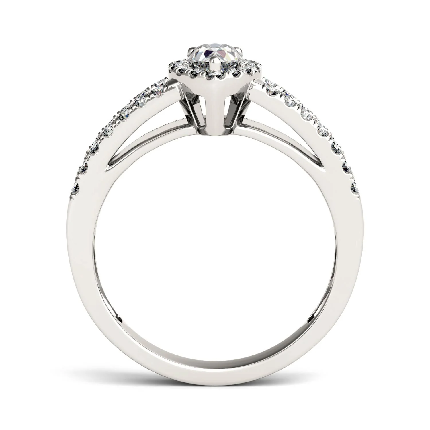 0.96 CTW DEW Pear Moissanite Side-Stone Split-Shank Halo Engagement Ring in 14K White Gold - Image 4