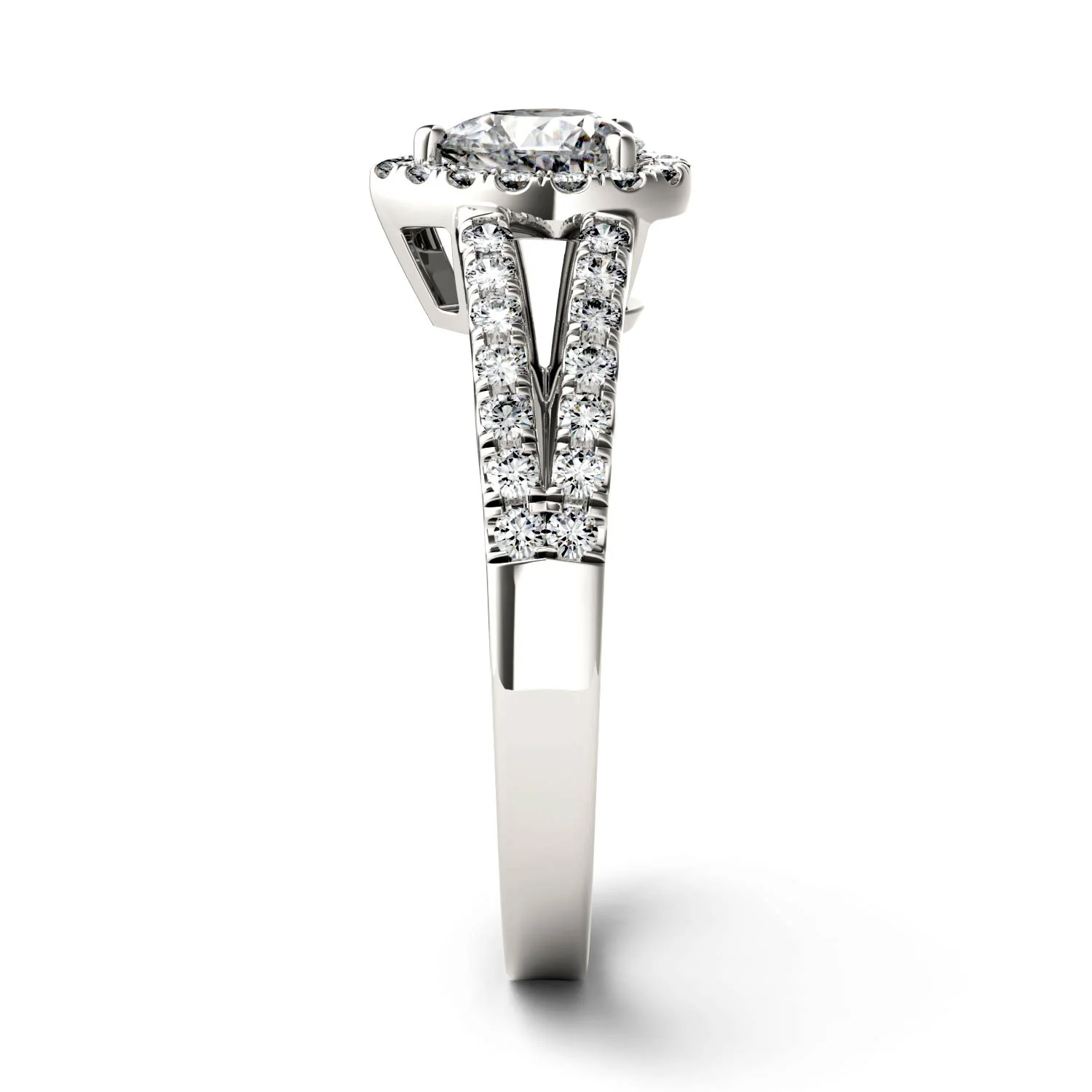 0.96 CTW DEW Pear Moissanite Side-Stone Split-Shank Halo Engagement Ring in 14K White Gold - Image 5