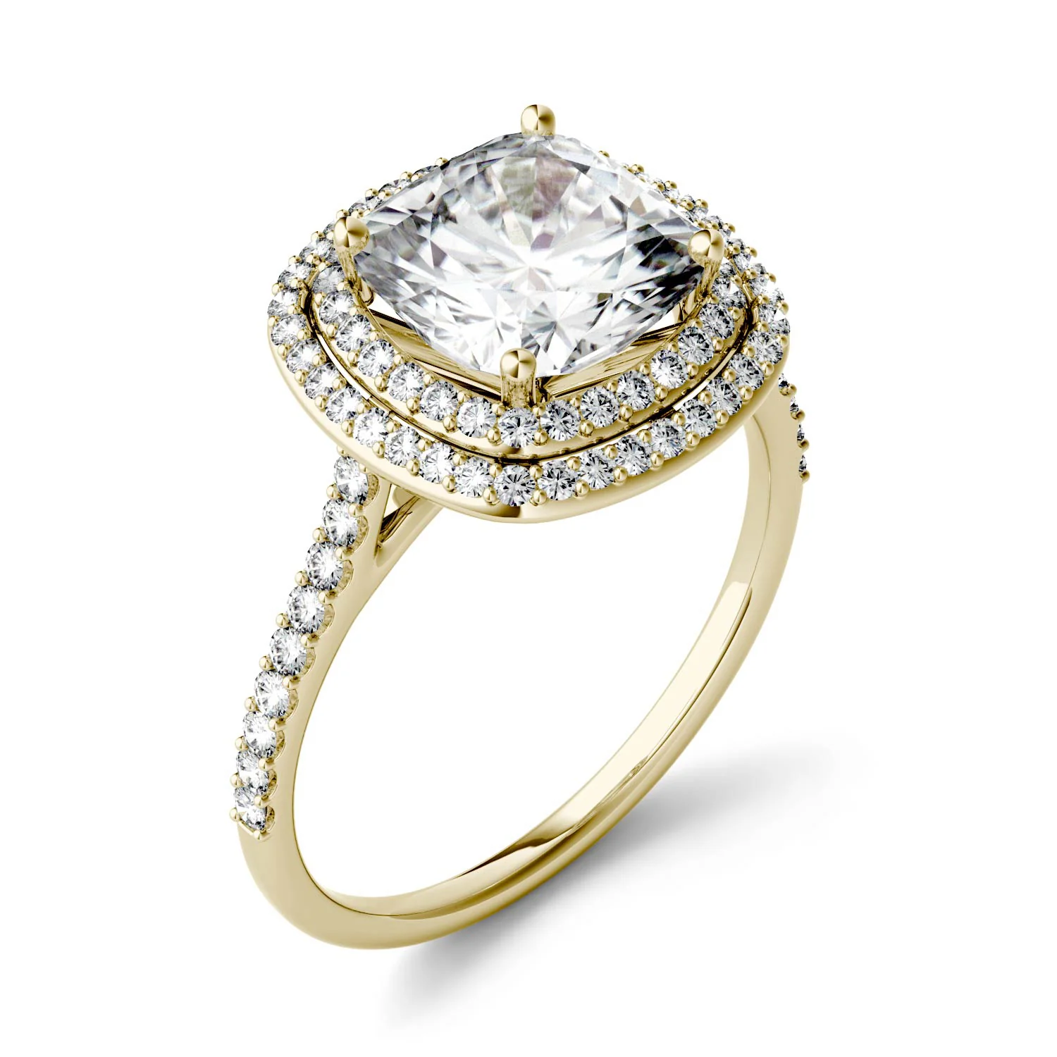 2.90 CTW DEW Cushion Moissanite Double Halo Engagement Ring in 14K Yellow Gold - Image 3