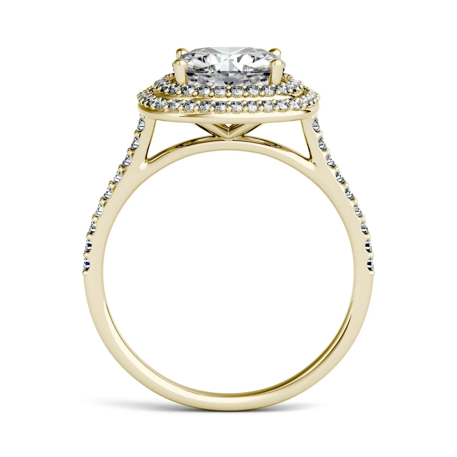 2.90 CTW DEW Cushion Moissanite Double Halo Engagement Ring in 14K Yellow Gold - Image 4