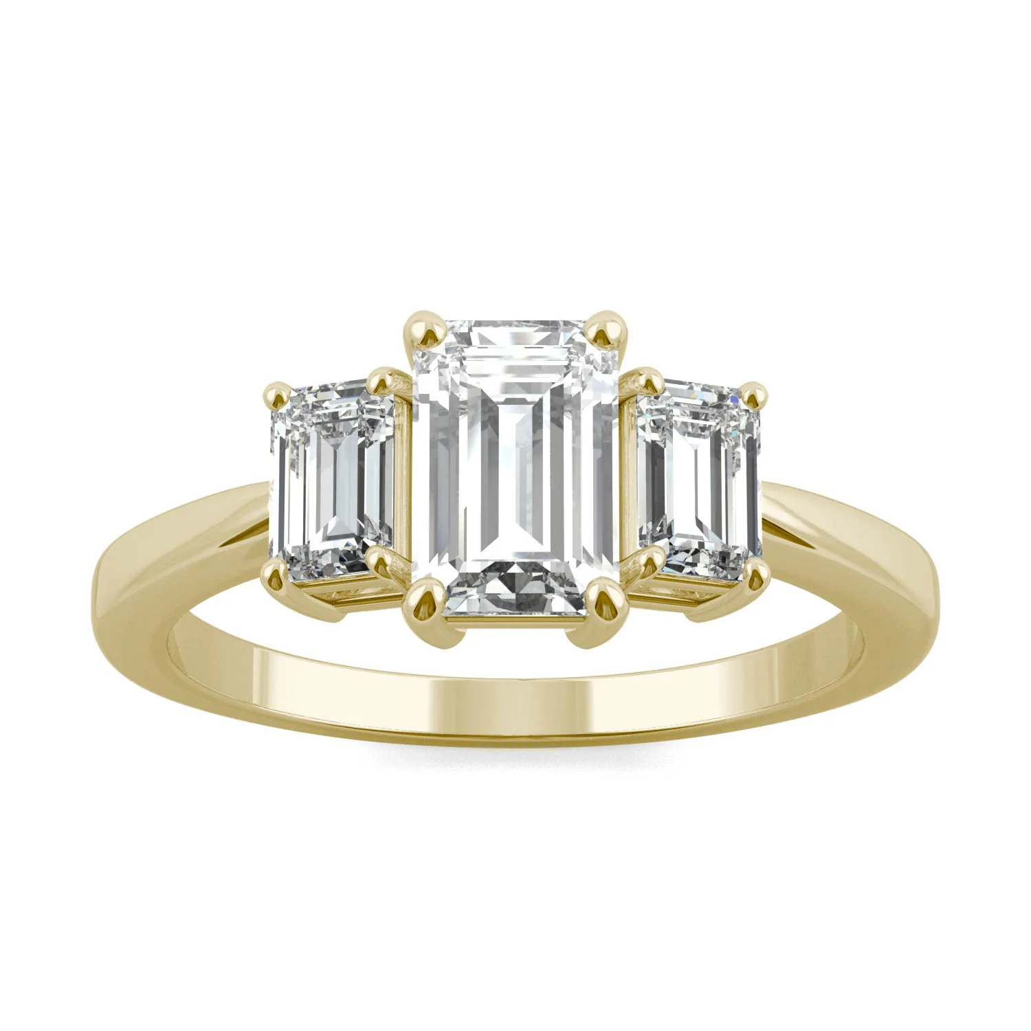 1.55 CTW DEW Emerald Moissanite Three-Stone Ring in 14K Yellow Gold