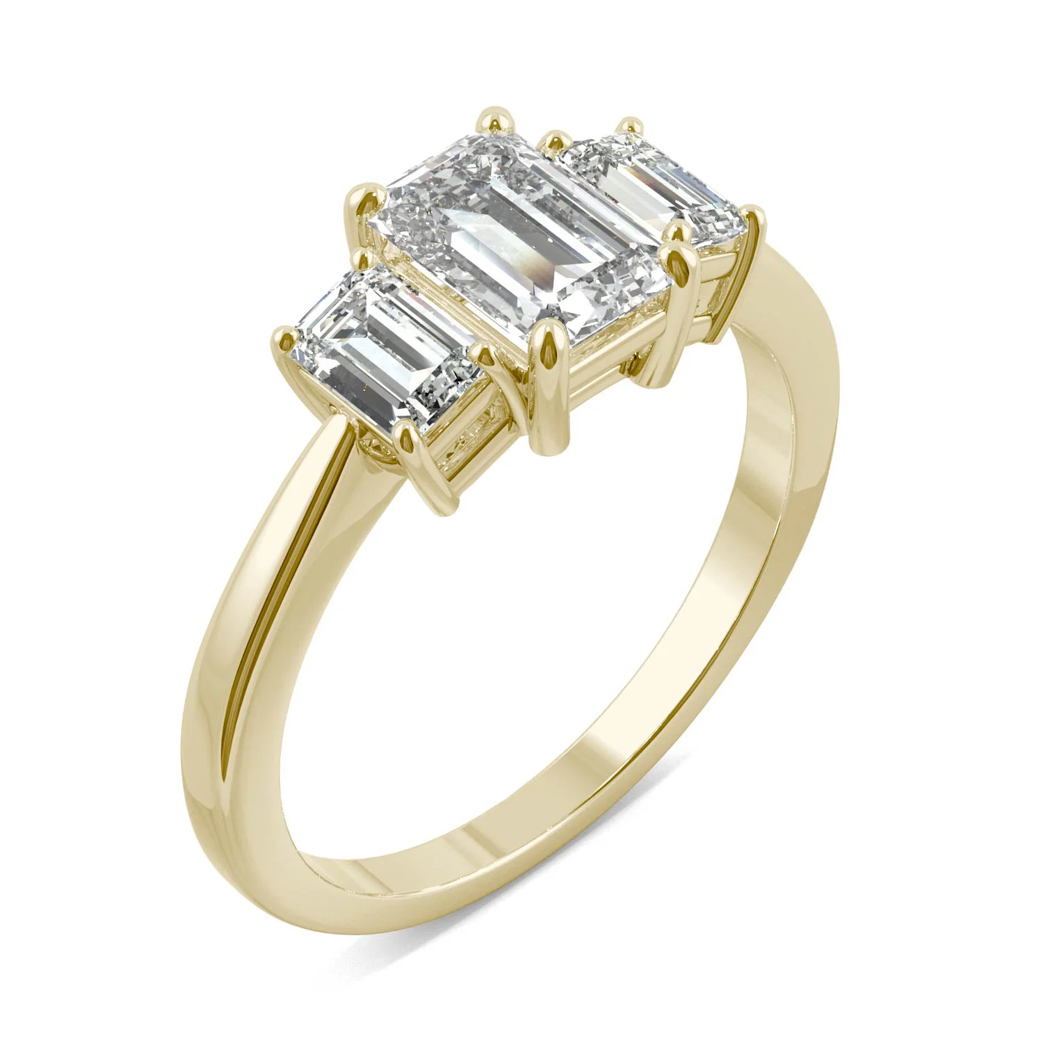 1.55 CTW DEW Emerald Moissanite Three-Stone Ring in 14K Yellow Gold - Image 2