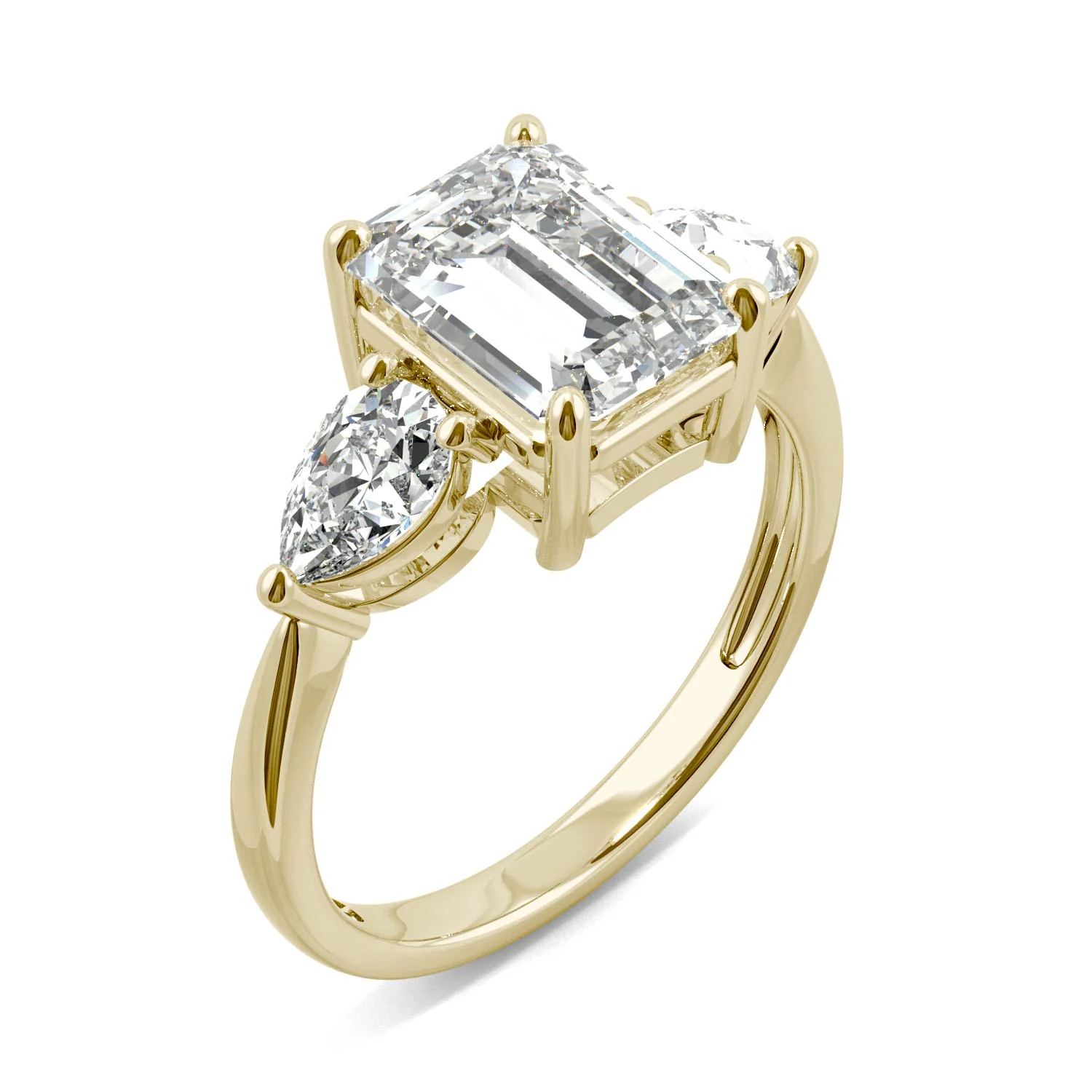 3.38 CTW DEW Emerald and Pear Three-Stone Moissanite Engagement Ring in 14K Yellow Gold - Image 2