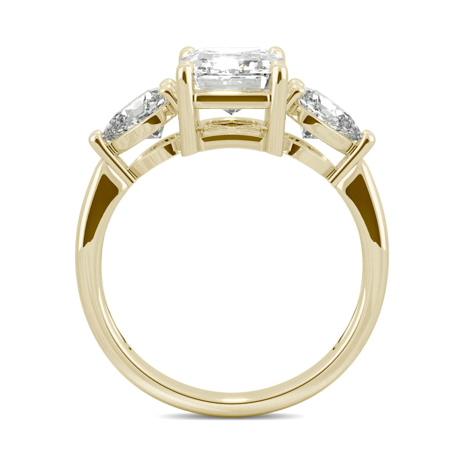 3.38 CTW DEW Emerald and Pear Three-Stone Moissanite Engagement Ring in 14K Yellow Gold - Image 3