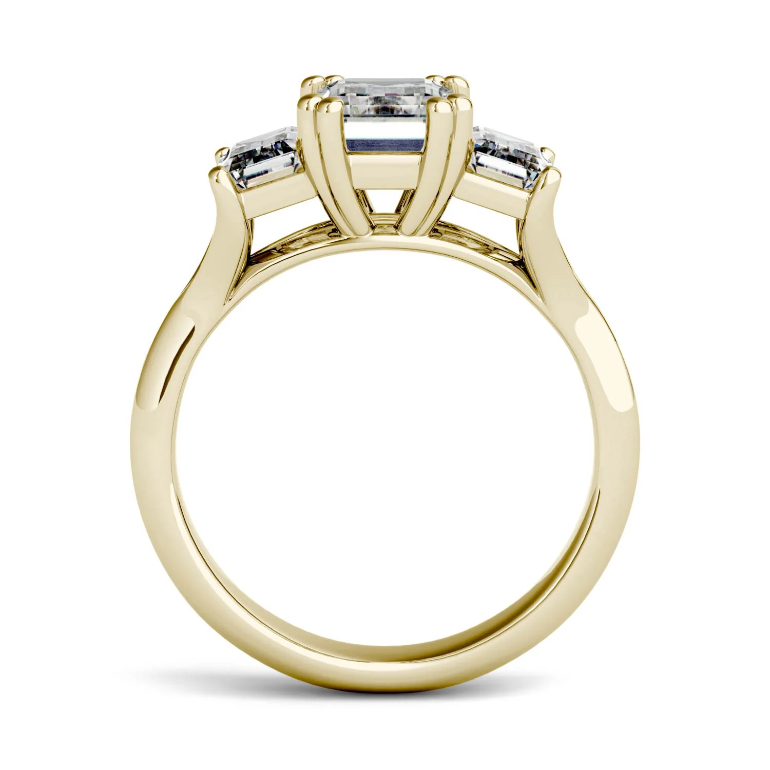 2.91 CTW DEW Emerald Moissanite Three-Stone Engagement Ring in 14K Yellow Gold - Image 3