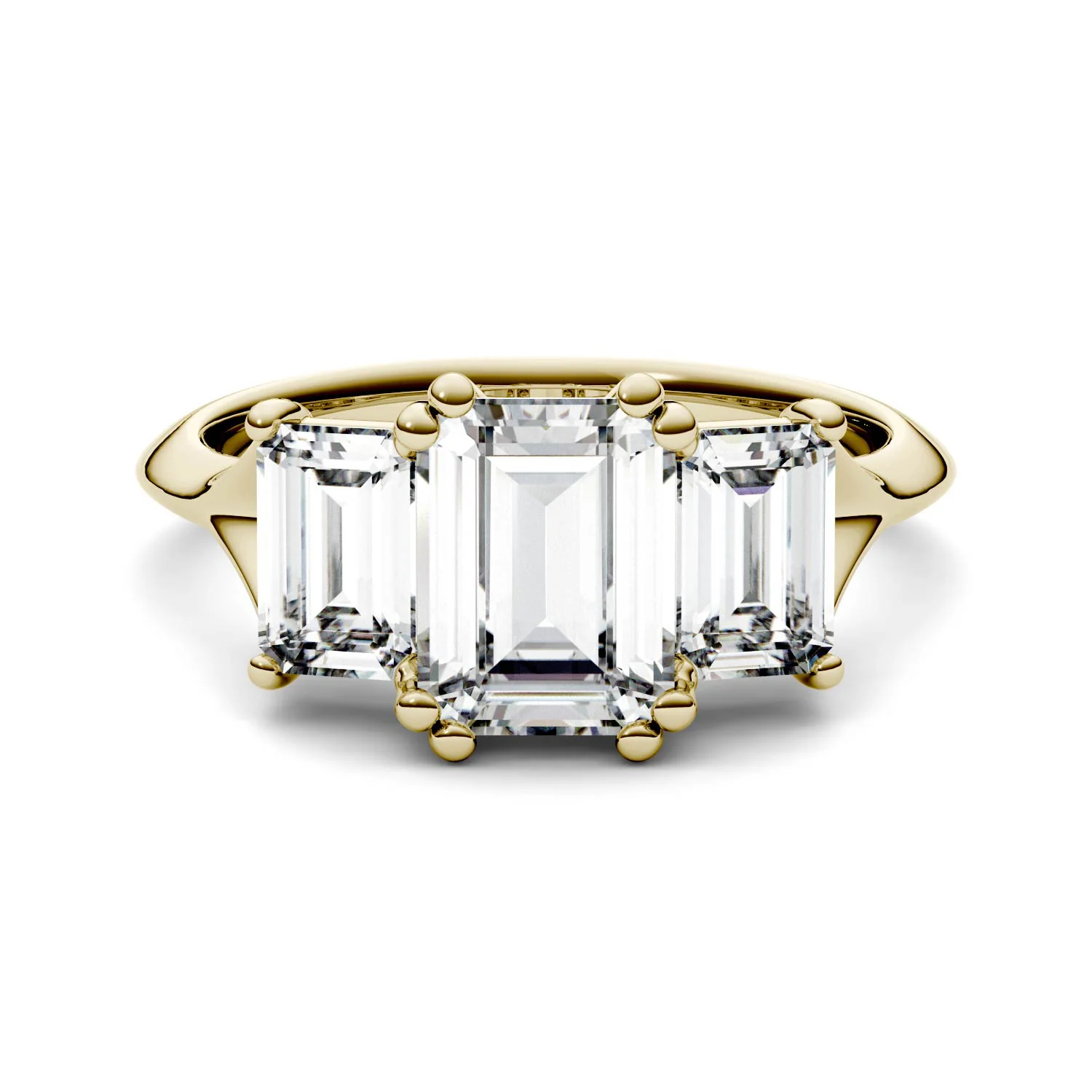 2.91 CTW DEW Emerald Moissanite Three-Stone Engagement Ring in 14K Yellow Gold - Image 4