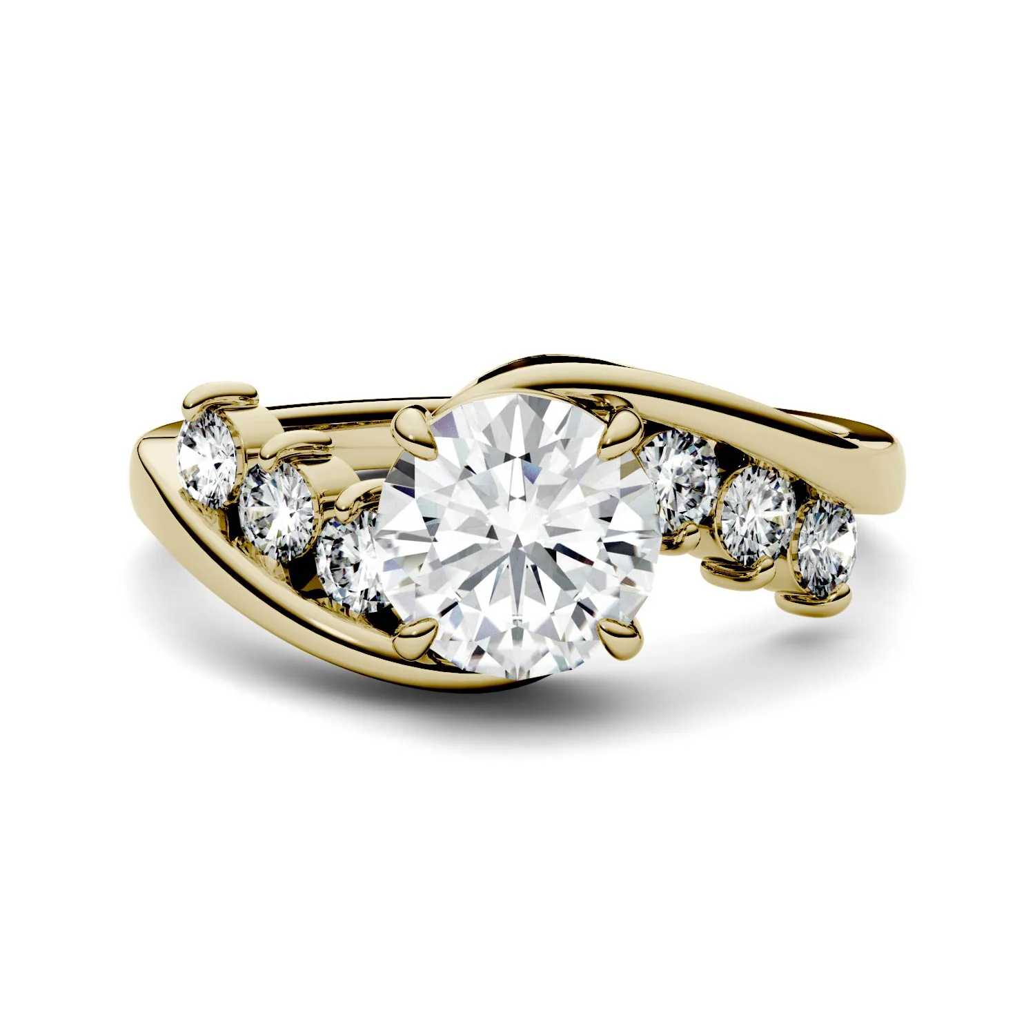 1.38 CTW DEW Round Moissanite Bypass Side-Stone Engagement Ring in 14K Yellow Gold - Image 2
