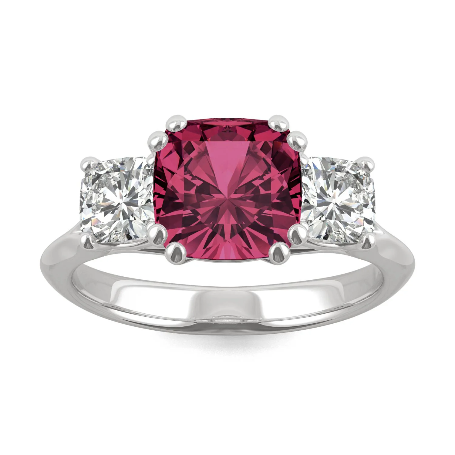 1.00 CTW DEW Cushion Created Ruby Three-Stone Ring in 14K White Gold