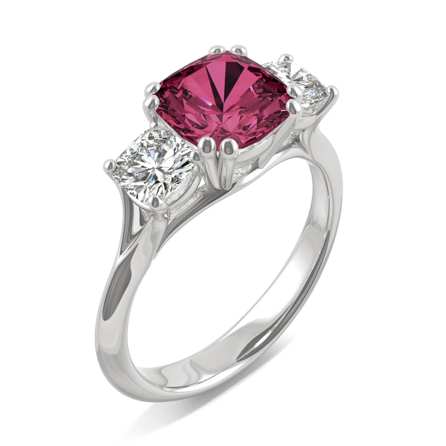1.00 CTW DEW Cushion Created Ruby Three-Stone Ring in 14K White Gold - Image 2