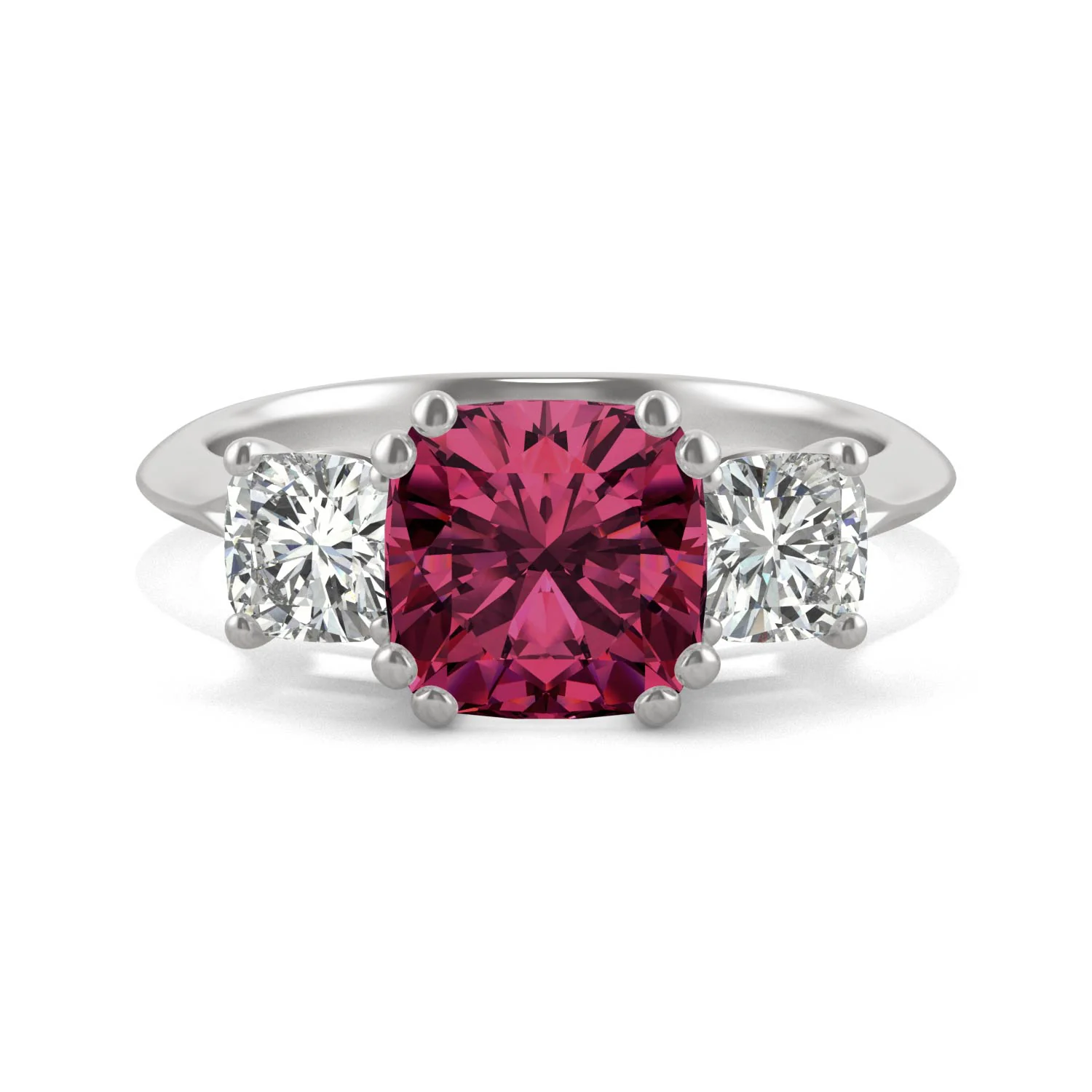1.00 CTW DEW Cushion Created Ruby Three-Stone Ring in 14K White Gold - Image 4
