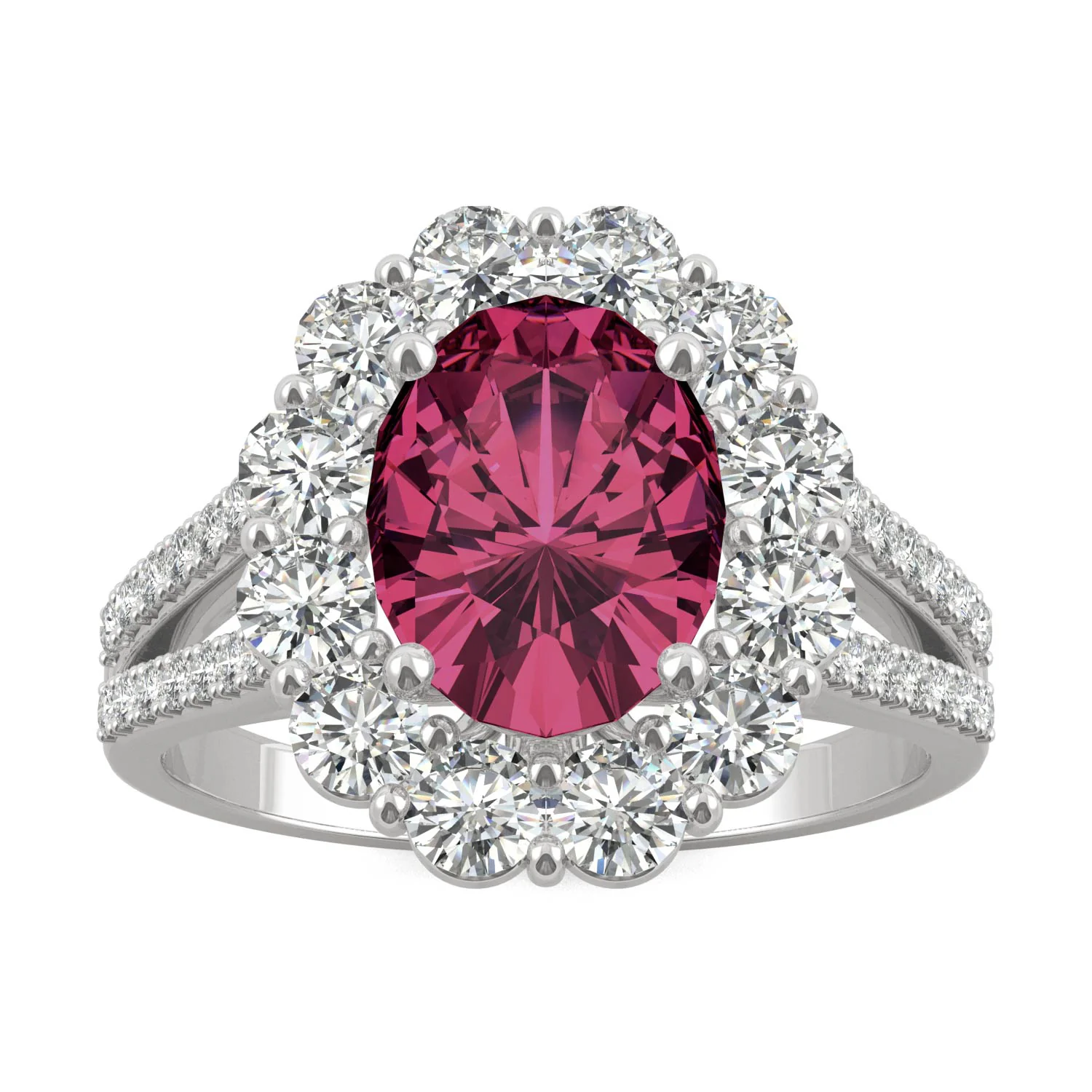 3.24 CTW DEW Oval Ruby Halo Ring in 14K White Gold