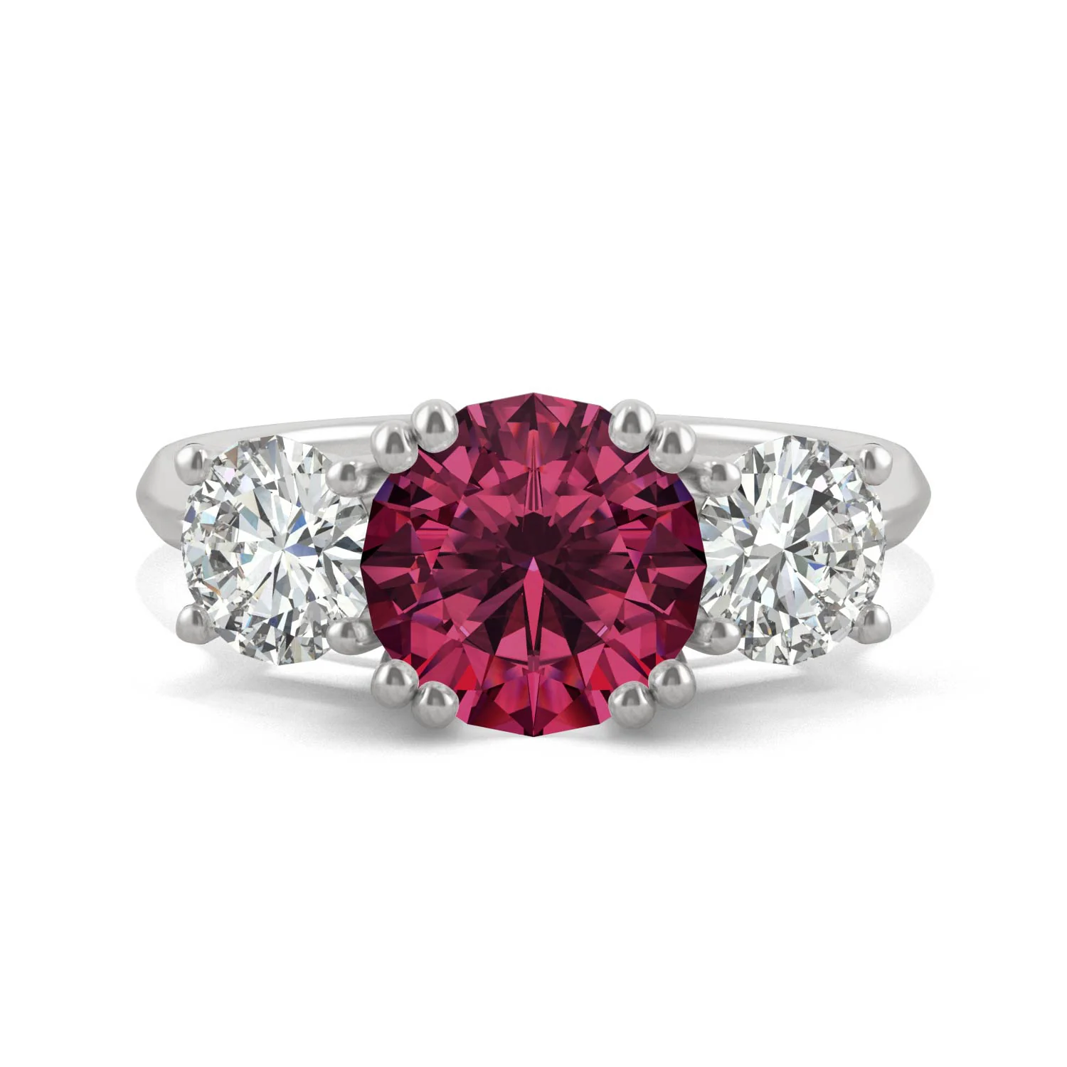 3.90 CTW DEW Round Ruby Three-Stone Ring in 14K White Gold - Image 4